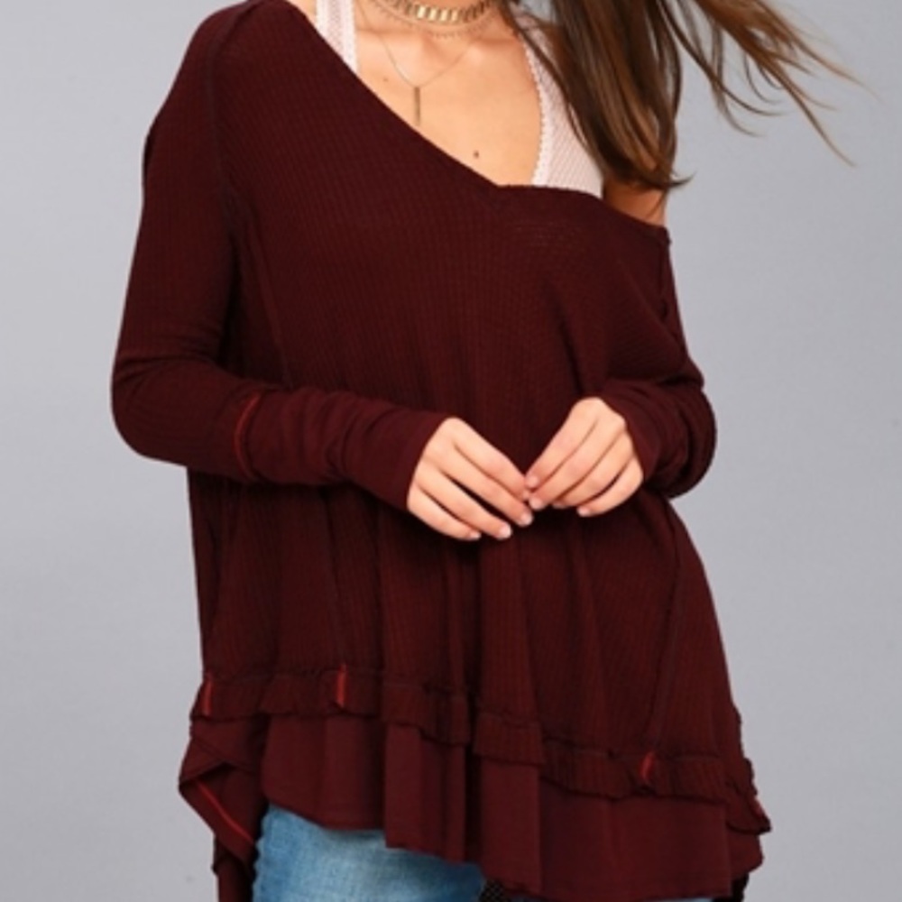 Free People Laguana Maroon Waffle Knit VNeck Tunic